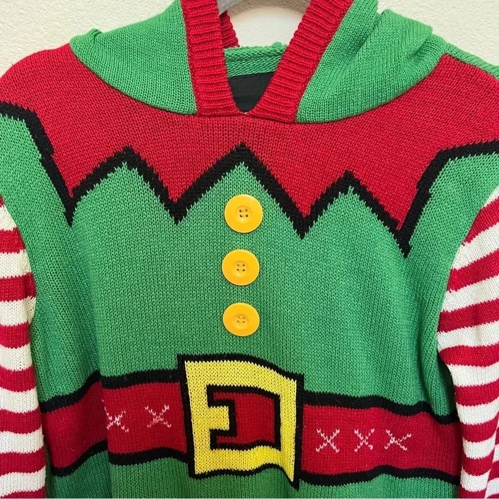 American Stitch Mens Elf Novelty Christmas Sweater Hoodie Green Red Large